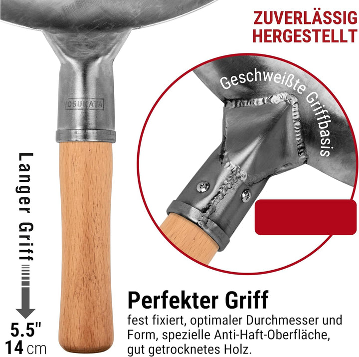 YOSUKATA Karbonstahl Woks & Wokpfannen - 36 cm Handgehämmerter Wok Pfanne Carbonstahl Runder Boden -