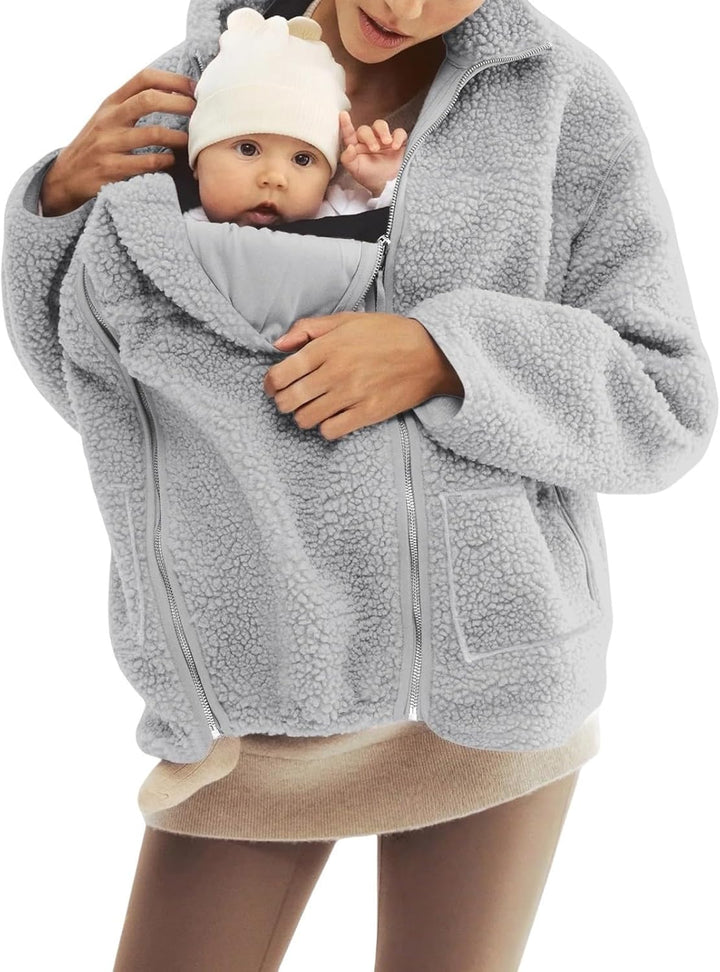 SYDUZAX Umstandsjacke mit Babyeinsatz Warm Teddy Fleecejacke Umstands Baumwolljacke Winter Umstandsm