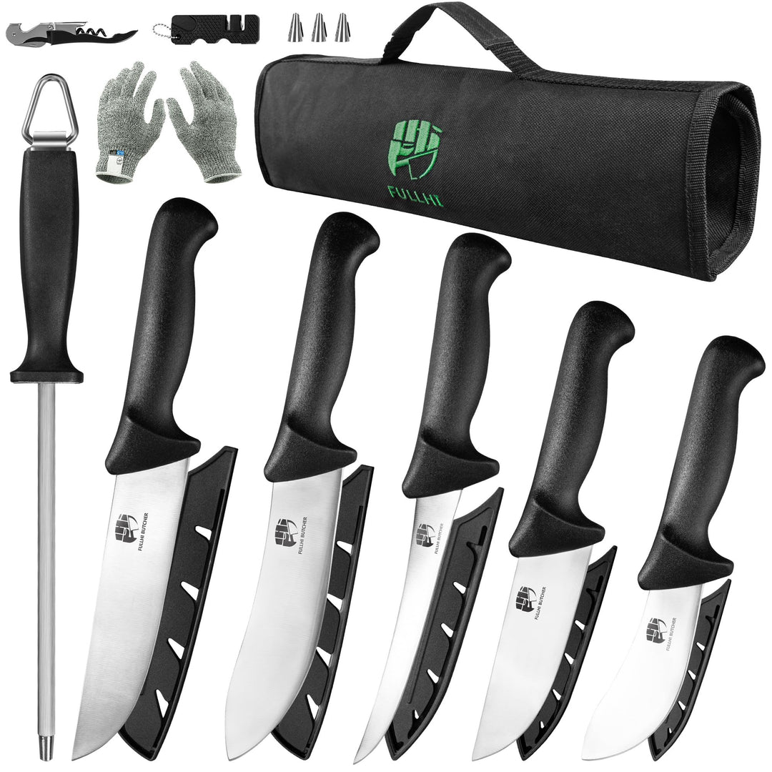 FULLHI 11PCS Metzger Messer Set, Anti-Rutsch-Metzger Ausbeinmesser Edelstahl Kochmesser Set, Fleisch