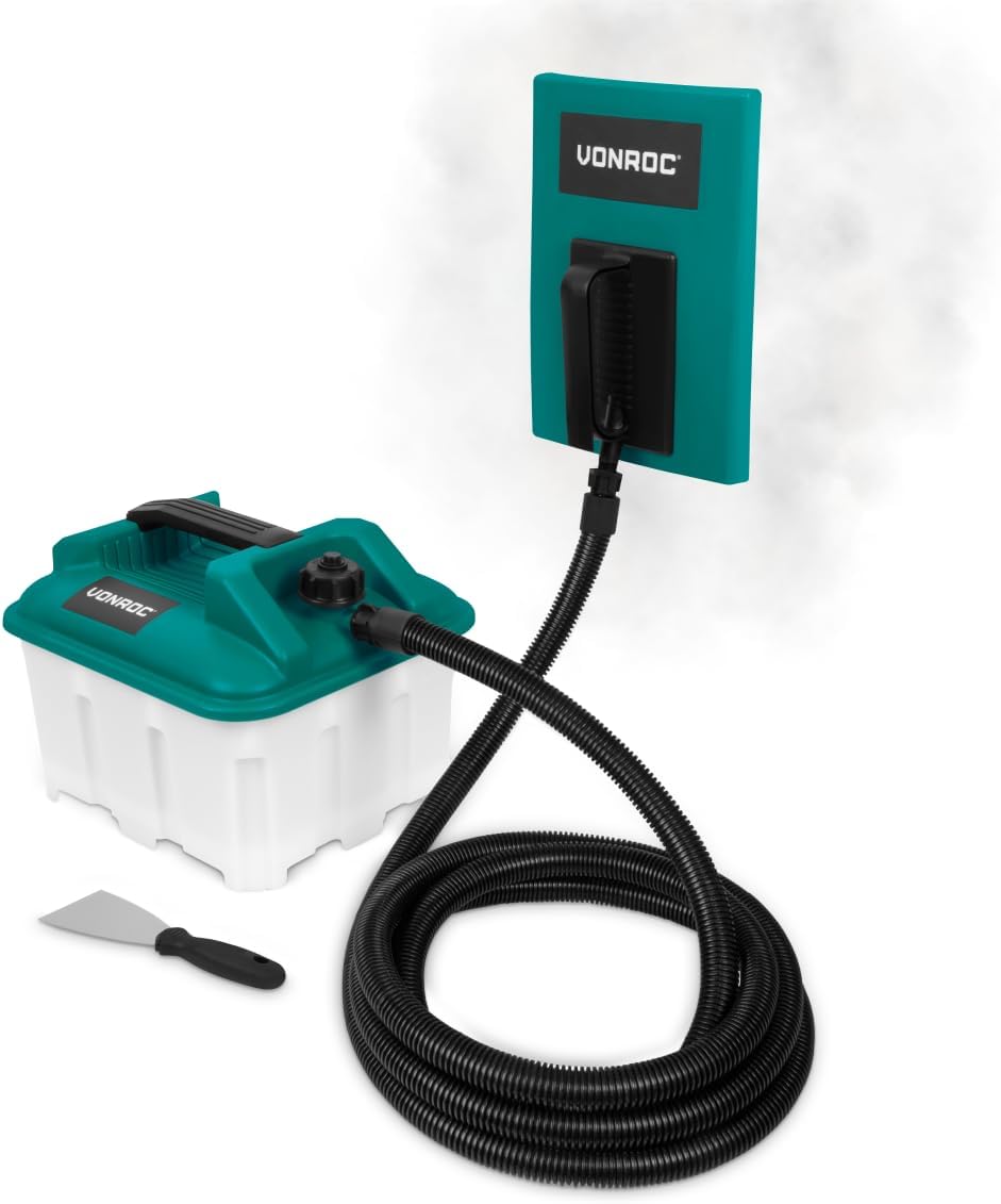 VONROC Tapetenlöser 2300 W – 4,5 l – 4 m langer Schlauch, Spachtel für Wände und 2 Dampfplatten im L