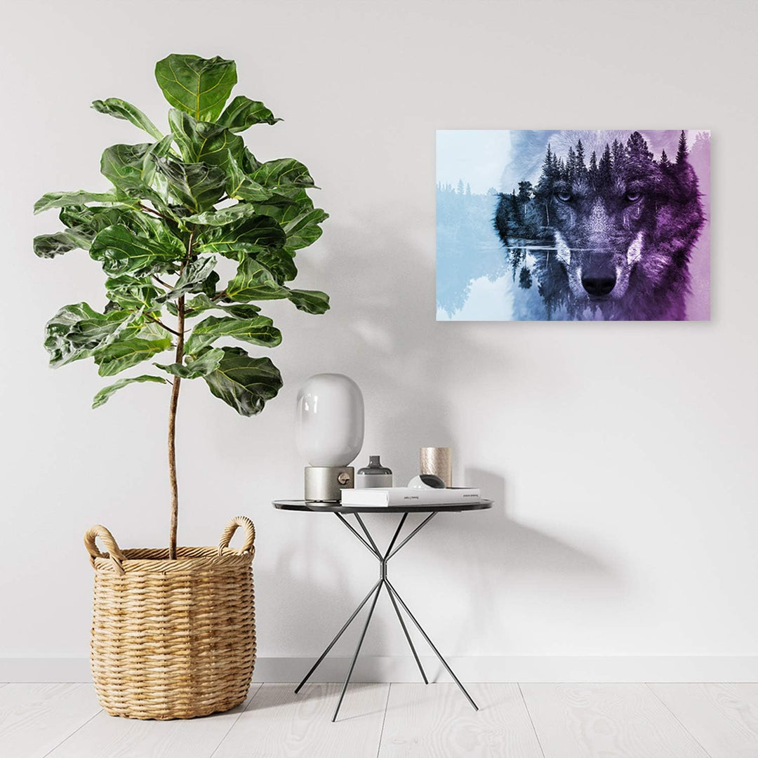 Feeby Bild auf Leinwand Wolf Wald im Nebel 90x60 cm 1 Teilig Bilder Wandbilder XXL Modern Leinwandbi