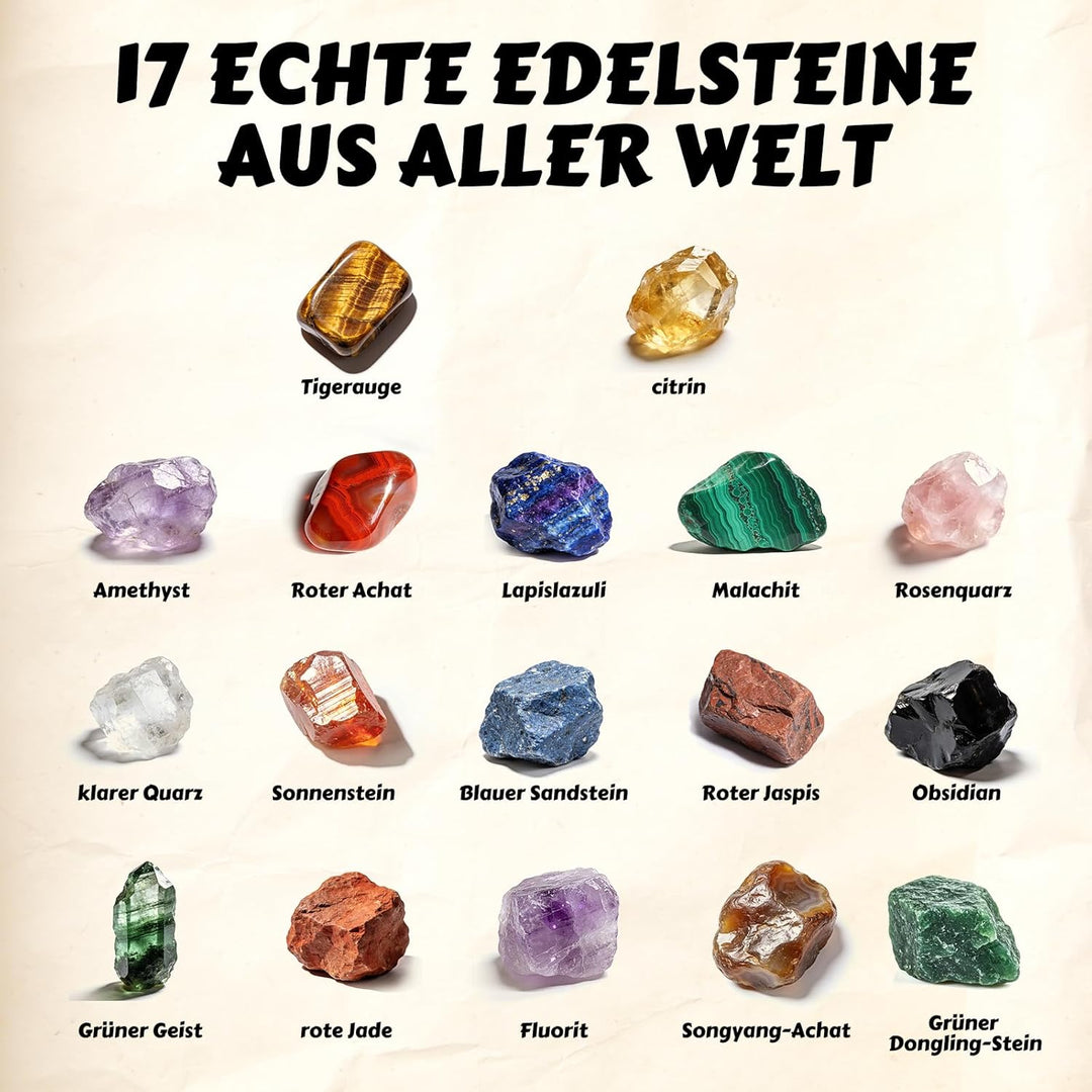 Ausgrabungsset für Kinder, 15+ Edelsteine & Kristalle, Komplettes Entdeckungs-Set mit Detailliertem