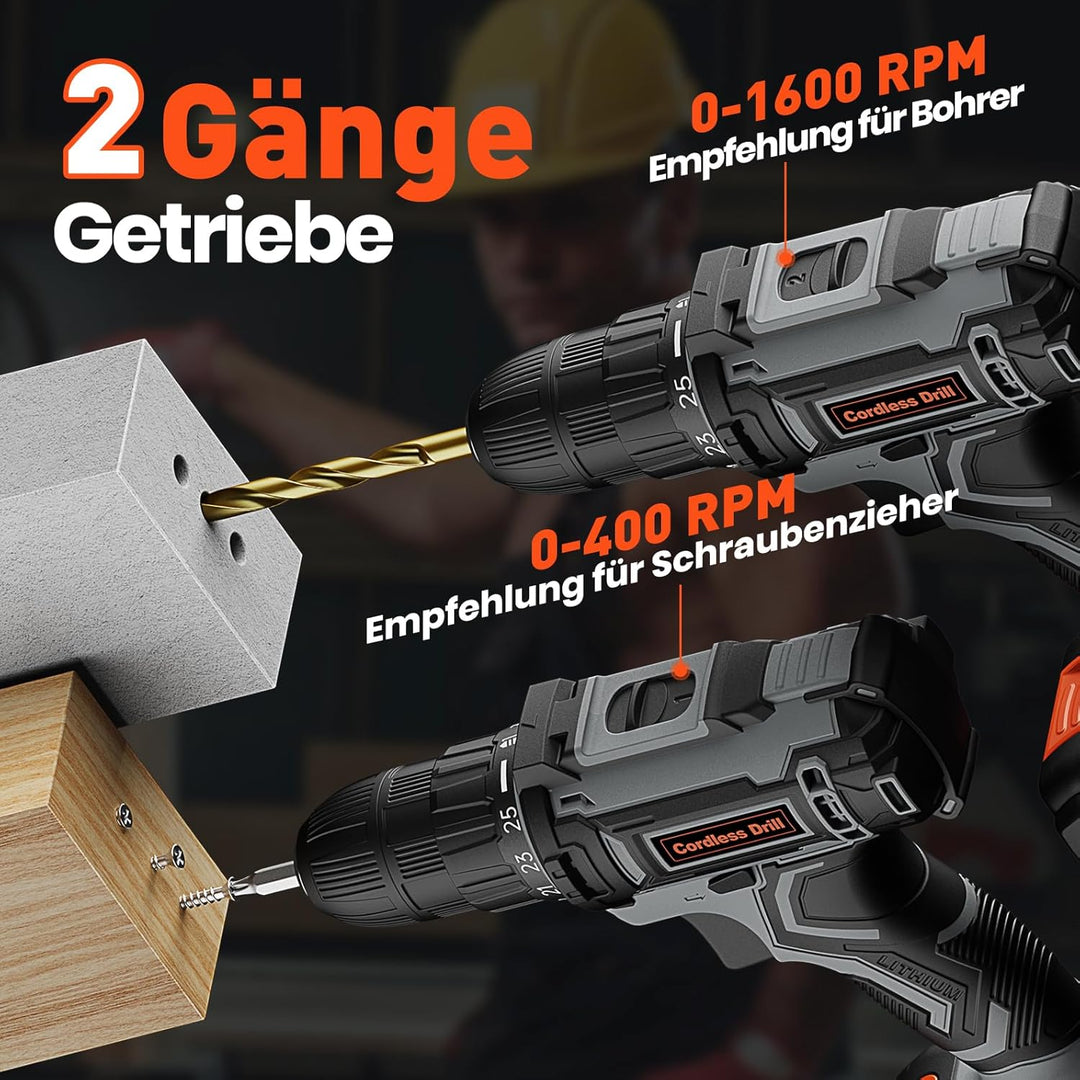Akkuschrauber 20V, Akku Bohrschrauber Set, Akkubohrer mit 2000mAh Akkus und 25 Stück Zubehör, 42Nm D