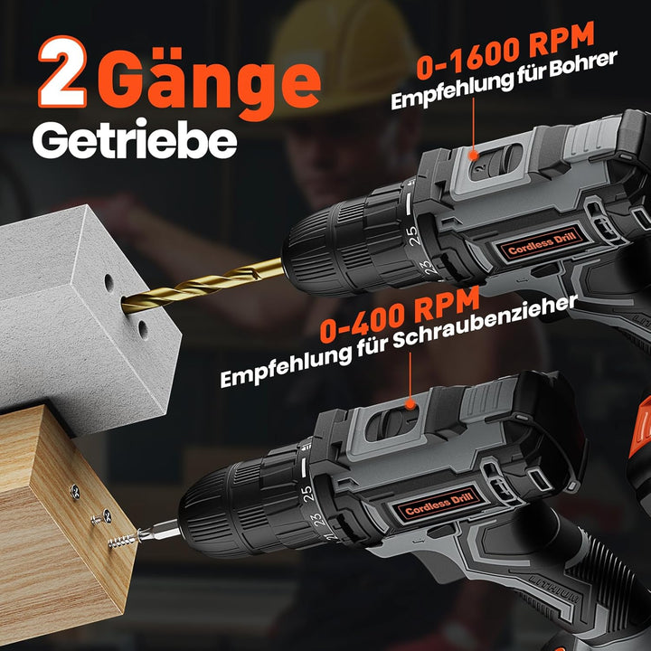 Akkuschrauber 20V, Akku Bohrschrauber Set, Akkubohrer mit 2000mAh Akkus und 25 Stück Zubehör, 42Nm D