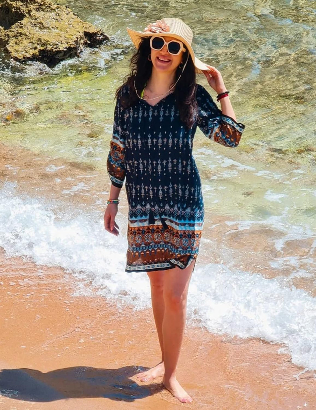 Beyove Damen Bohemian Tunika Kleid Strandkleid Sommerkleider Vintage Strandtunika 3/4-Arm Rundhals K