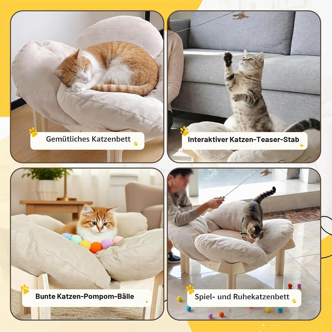Erhöhtes Katzenbett in Blumenform,Stabiles Holzkatzensofa,Weiche Haustiersofa,Katzenstuhl mit Abnehm