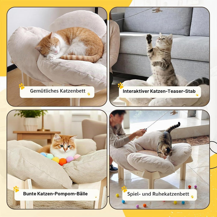 Erhöhtes Katzenbett in Blumenform,Stabiles Holzkatzensofa,Weiche Haustiersofa,Katzenstuhl mit Abnehm