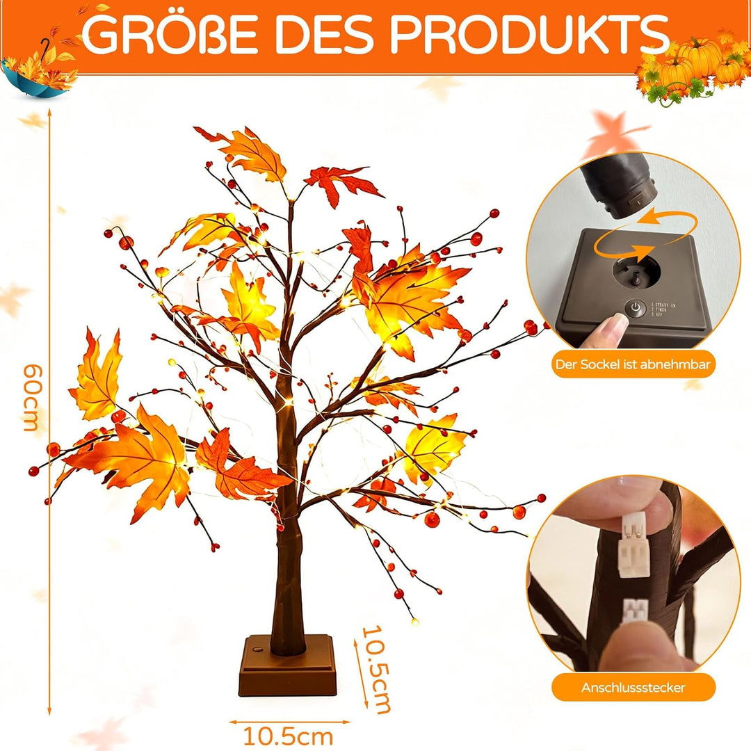 Herbstdeko Ahornblatt Baum Lichter, 61cm Herbst Dekoration Lichterbaum Für Innen mit Timer, Herbst D