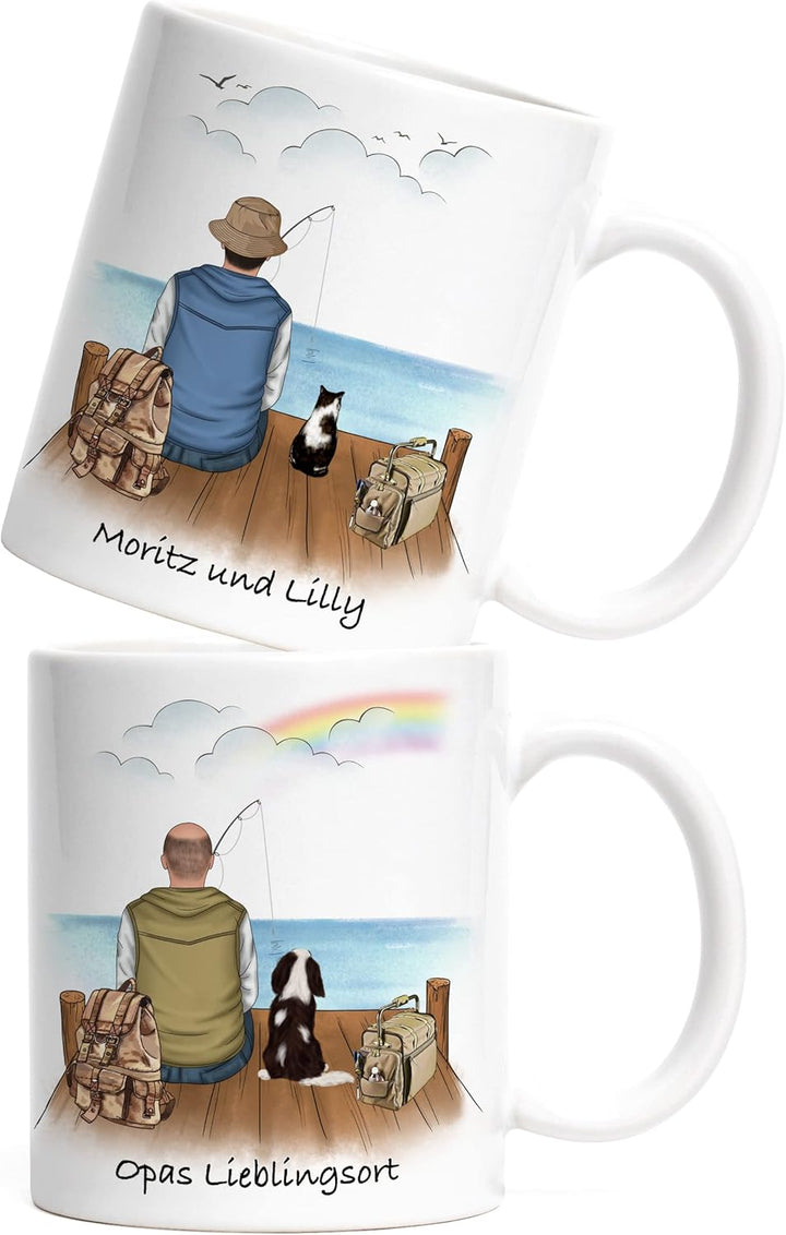 Angler &amp; Hund Tasse Personalisiert Individuell mit Name Angeln Fischen Geschenk Opa Vater zum Vatert