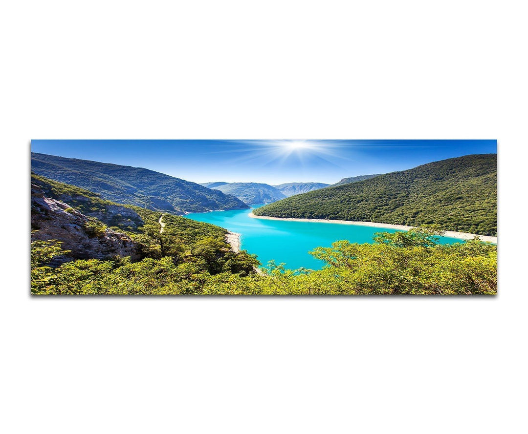 Wandbild auf Leinwand als Panorama in 150x50cm Balkan Natur Berge Wald Fluss