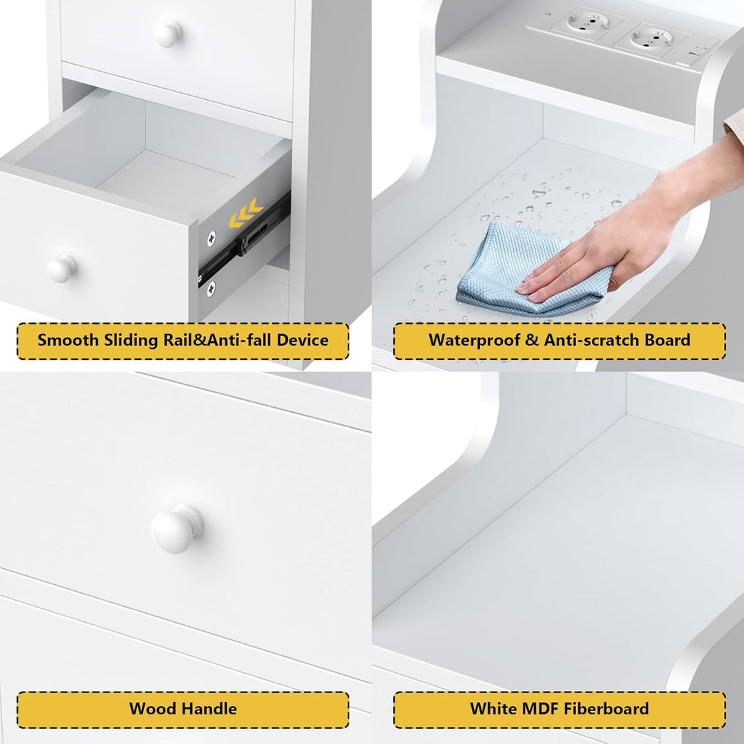 PIPIPOXER Nachttisch 2er Set mit Steckdose & USB, Schmaler Nachttisch, Nachtschrank Weiss Hochglanz