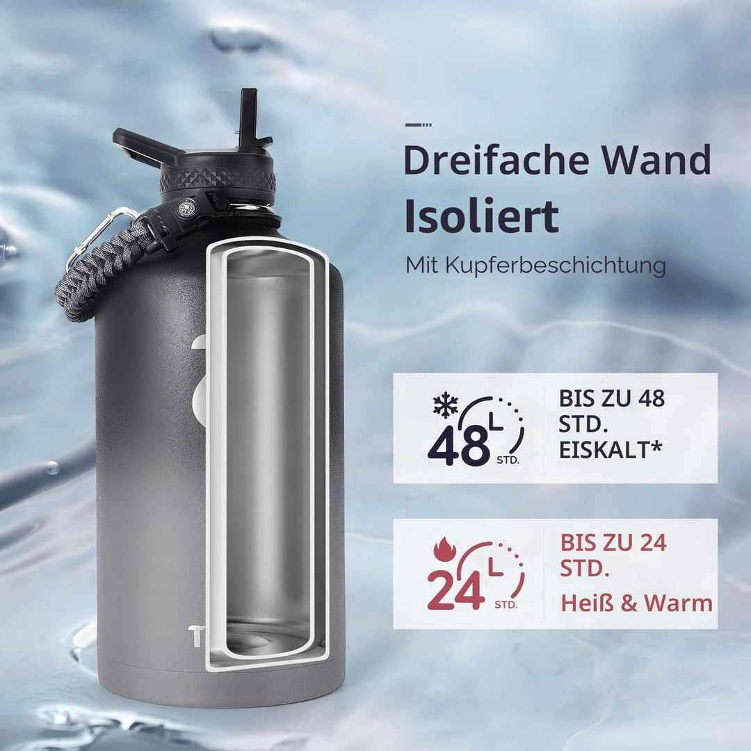 Trebo Ein Gallon Wasserflasche isoliert mit Paracord-Griff, 3.6 l Edelstahl, grosser Sportkrug in Le
