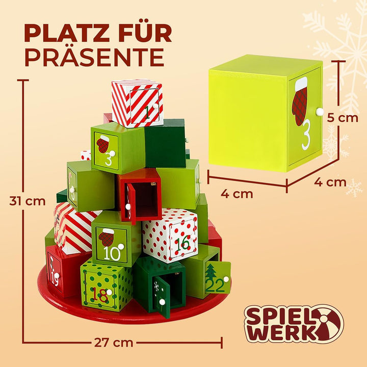 Spielwerk® Wiederverwendbarer Adventskalender Geschenleberg zum Befüllen 24 Türchen Bunt Bemalt Weih