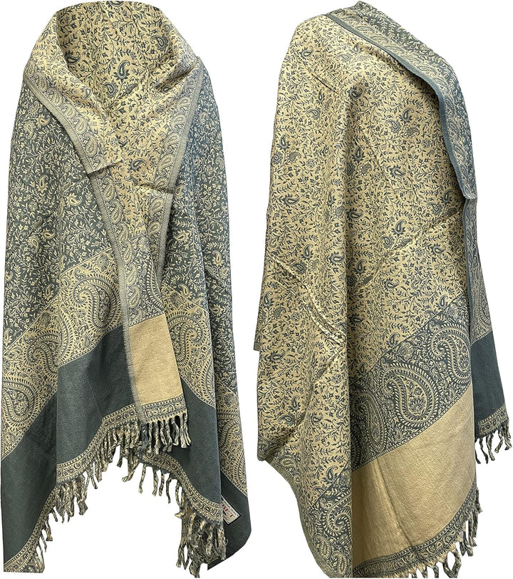 Winterschal aus weicher warmer Wolle mit Blätterdruck, handgefertigt, luxuriöser Schal, Decke, Überg