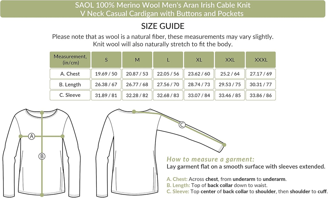 SAOL Herren Aran Irish Cable Knit Strickjacke Cardigan aus 100% Merinowolle mit V-Ausschnitt und Knö