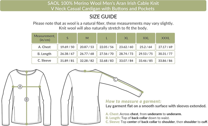 SAOL Herren Aran Irish Cable Knit Strickjacke Cardigan aus 100% Merinowolle mit V-Ausschnitt und Knö
