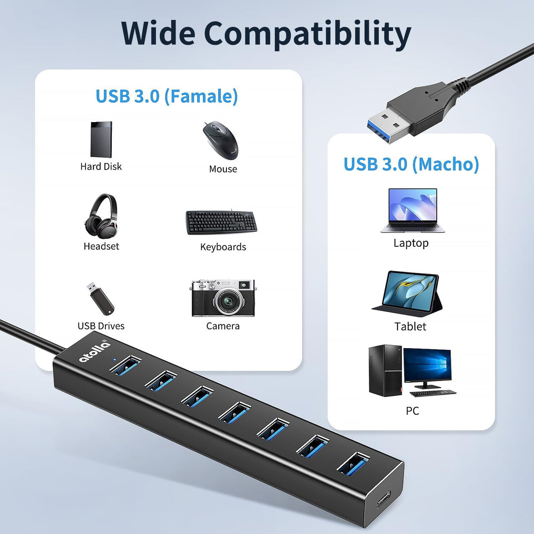 USB Hub 3.0, Aluminium 8-Port USB Verteiler 5Gbps Adapter mit 100cm Lang Kabel, Mehrfach USB3.0-Date