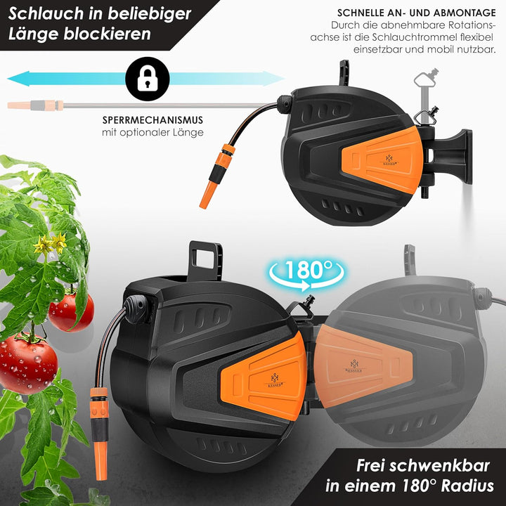 KESSER® Schlauchtrommel 30+2m Schlauchaufroller Wasser | Multi-Handbrause | 180° Schwenkbar | Aufwic