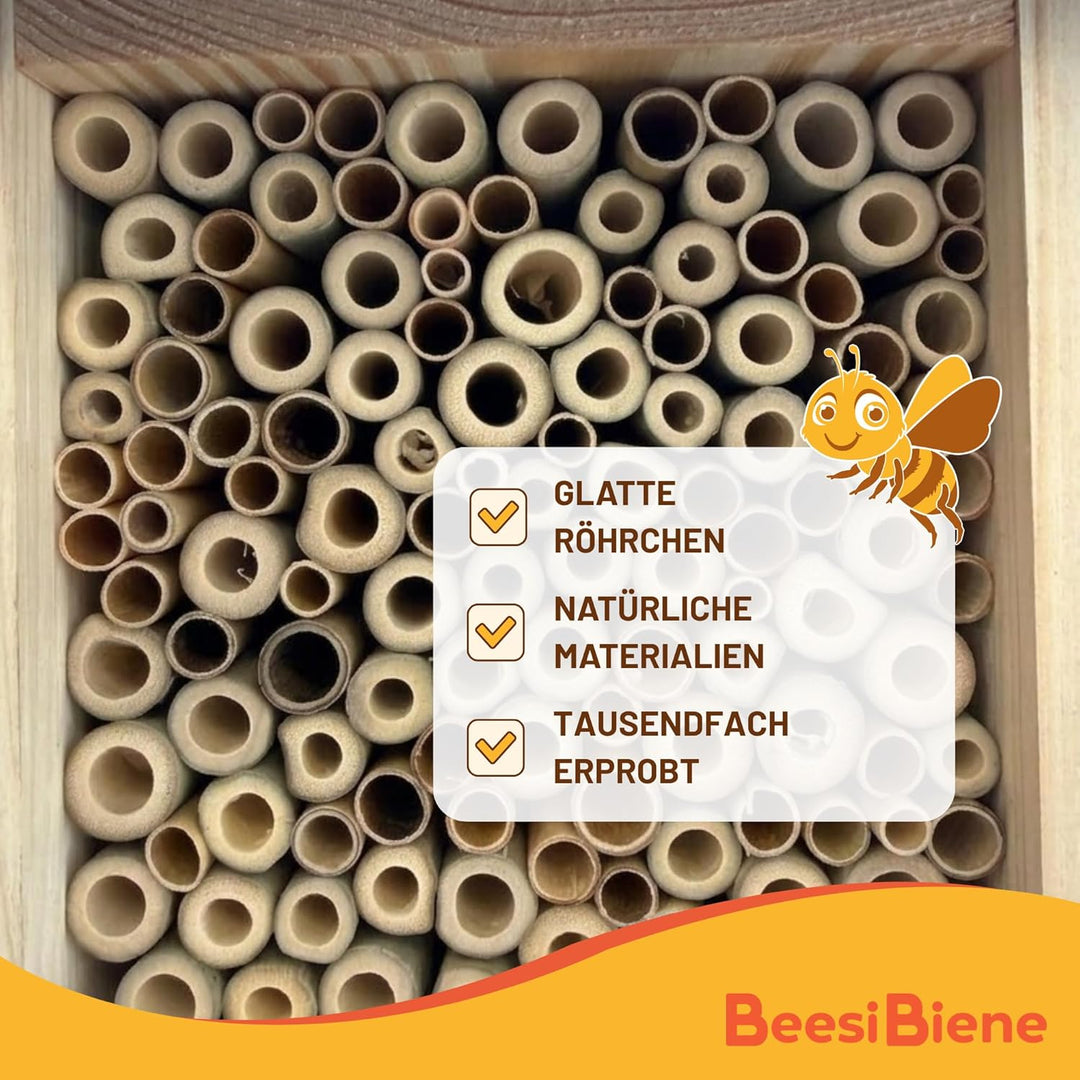 BEESI Bienenhotel mit Metalldach &amp; Schutzgitter - Langlebiges Insektenhaus für Solitärbienen - Natür