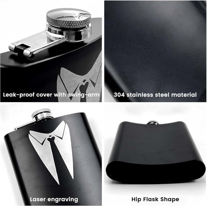 Daily Treasures 4er-Set Whiskyflaschen mit Anzuggravur | 236ml Edelstahl-Geschenkboxen | Auslaufsich