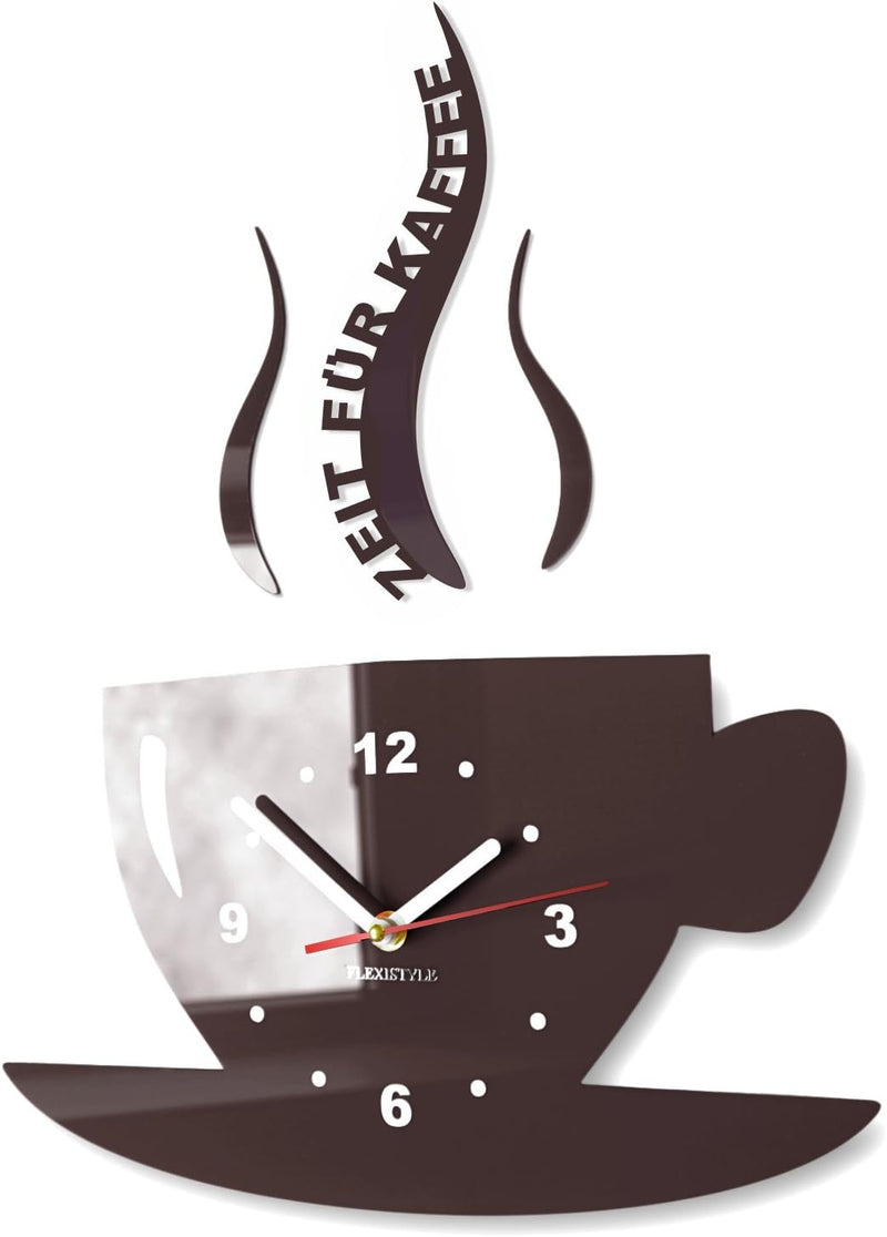 FLEXISTYLE Tasse Zeit für Kaffee Moderne Küche Wanduhr, 3D römisch, wanduhr deko (Dunkelbraun (wenge