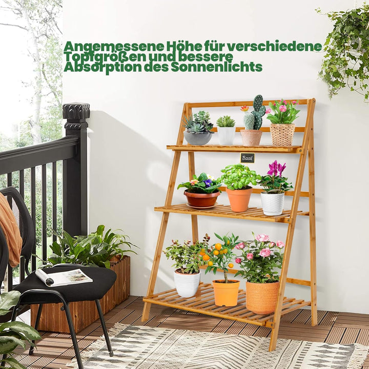 GOPLUS 3 Ebenen Blumenregal Bambus, klappbares Pflanzenregal, Blumentreppe, Blumenständer, Blumenlei
