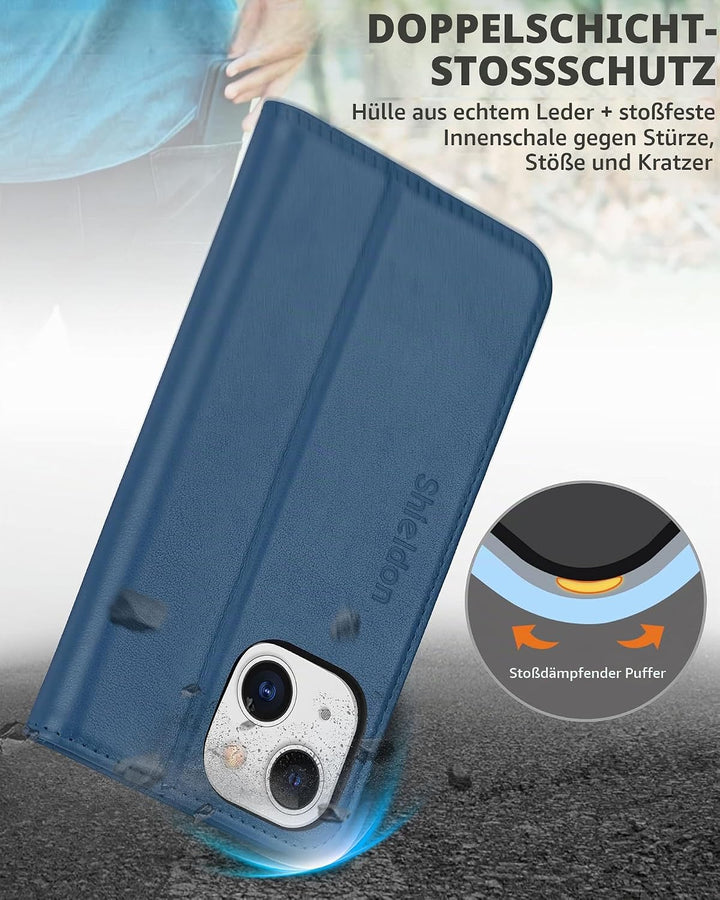 SHIELDON Hülle für iPhone 13 Mini, RFID-Sperre Handyhülle [Echtleder] [Stossfest ] [Standfunktion] [
