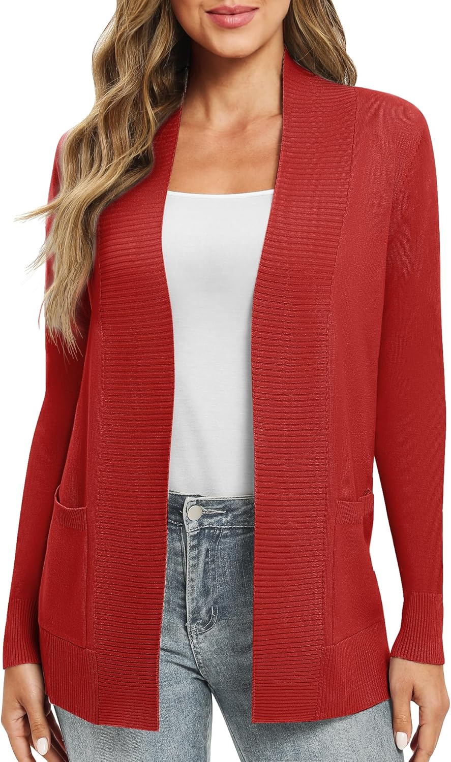 EXCHIC Damen Lange Ärmel Gestrickt Strickjacke Leicht Gemütlich Offene Vorderseite Lange Freizeitjac