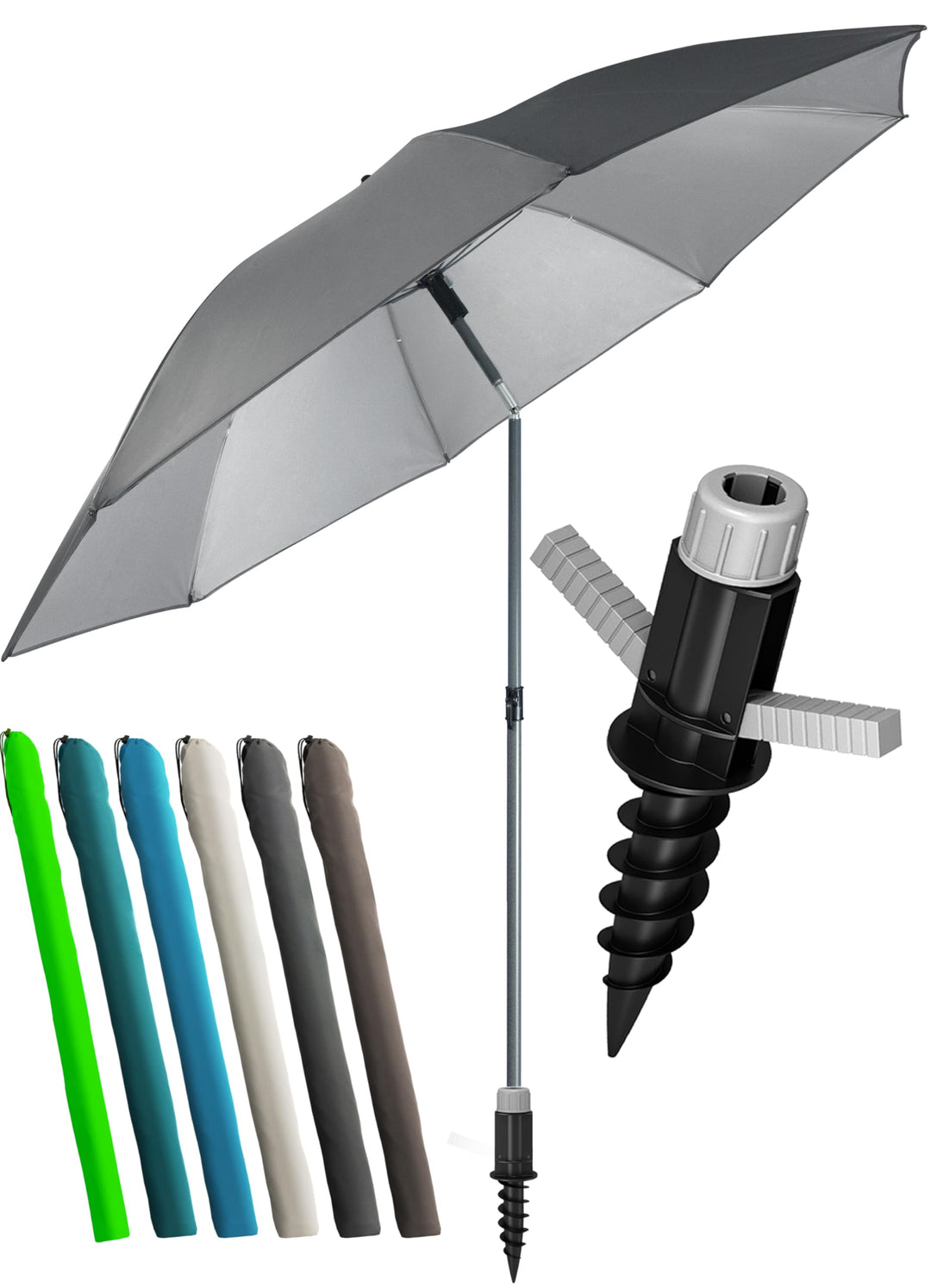 4smile Sonnenschirm Strand SunnyJoy, 3-in-1 SET, Anthrazit - UPF 50+ Strandschirm Ø 160 cm + Sonnens
