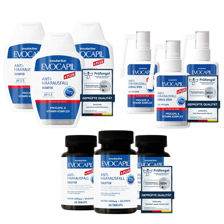 Evocapil Plus 3-Monatige Anti-Haarausfall-Behandlung – x3 Shampoo, x3 Spray & x3 Vitamine – Mit Proc