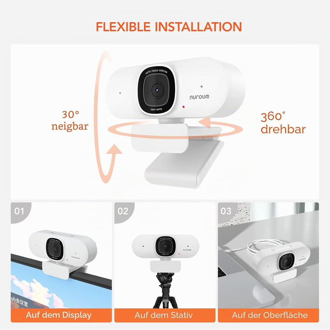 Nuroum V15-AF 2K Webcam mit Autofokus, 1080P 60fps PC Kamera mit Mikrofon, 75°Weitwinkel/Rauschunter