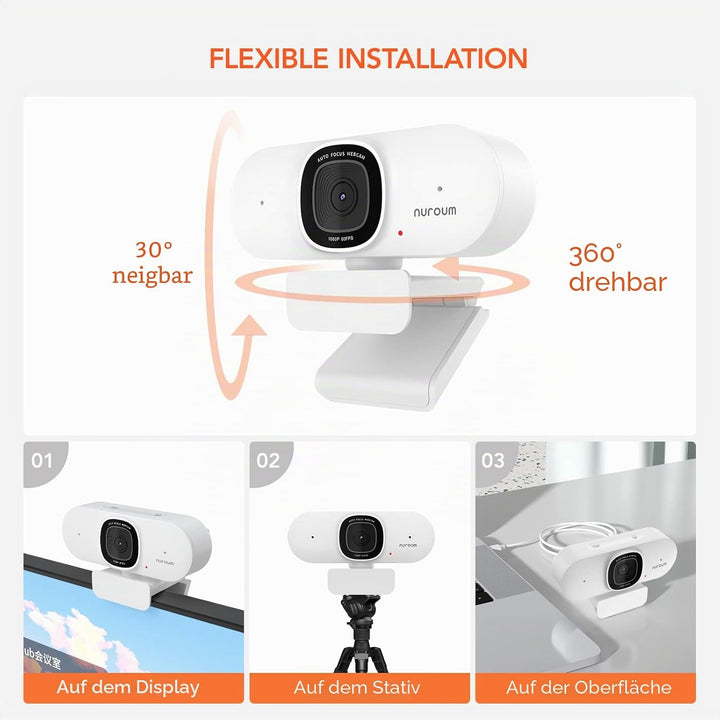 Nuroum V15-AF 2K Webcam mit Autofokus, 1080P 60fps PC Kamera mit Mikrofon, 75°Weitwinkel/Rauschunter