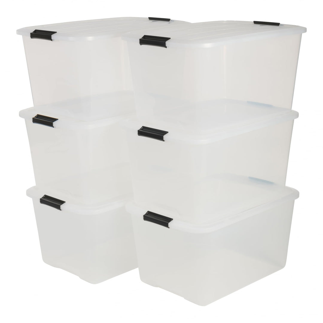 Iris Ohyama, 6er-Set, Aufbewahrungsboxen, 45 L, mit Clips, stapelbar, Wohnzimmer, Schlafzimmer, Gara