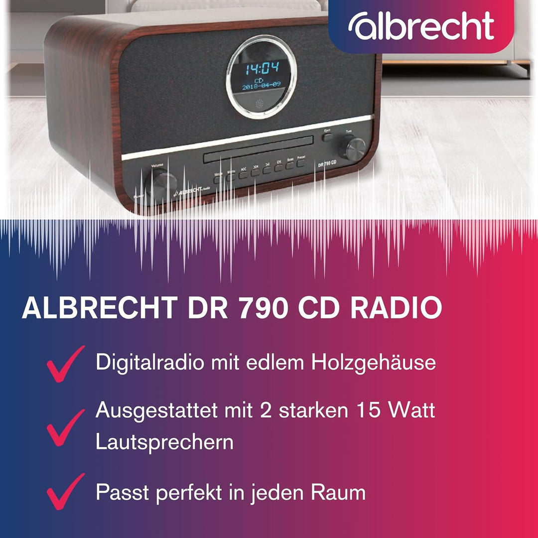 Albrecht DR790CD Digitalradio DAB+, 27790, multifunktional inkl. CD-Player und Bluetooth, Holzgehäus
