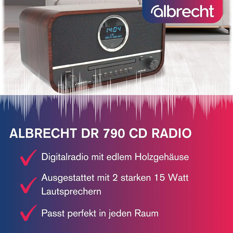 Albrecht DR790CD Digitalradio DAB+, 27790, multifunktional inkl. CD-Player und Bluetooth, Holzgehäus