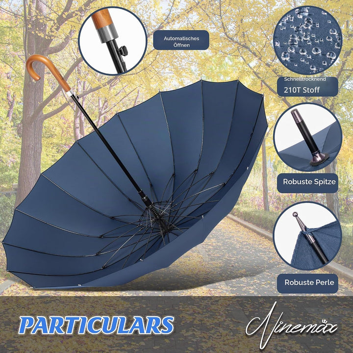 NINEMAX Regenschirm Stockschirm Sturmfest für Herren Damen, Grosser Regenschirm Holzgriff, Classic S