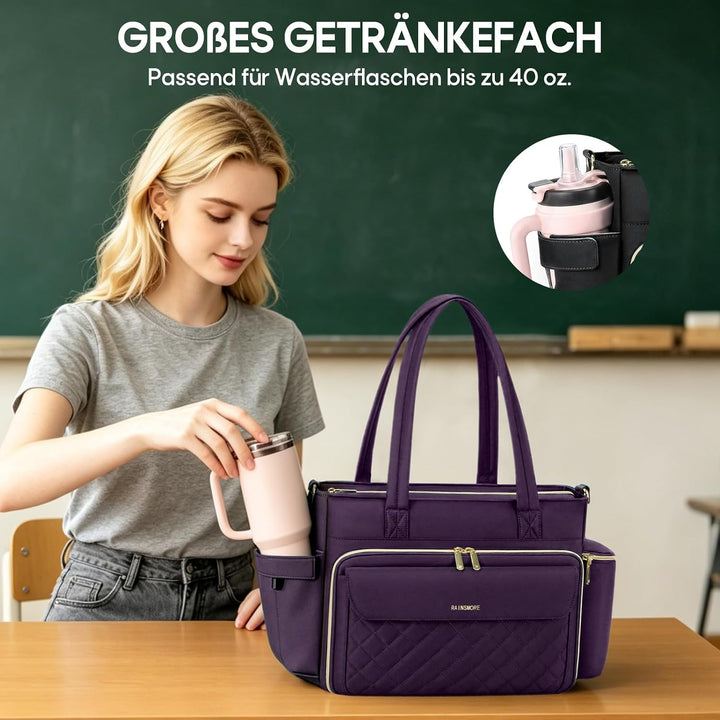 RAINSMORE Lehrertasche Damen Gross Laptoptasche, 15,6 Zoll, Lila | Arbeitstasche Isolierfach und Gro