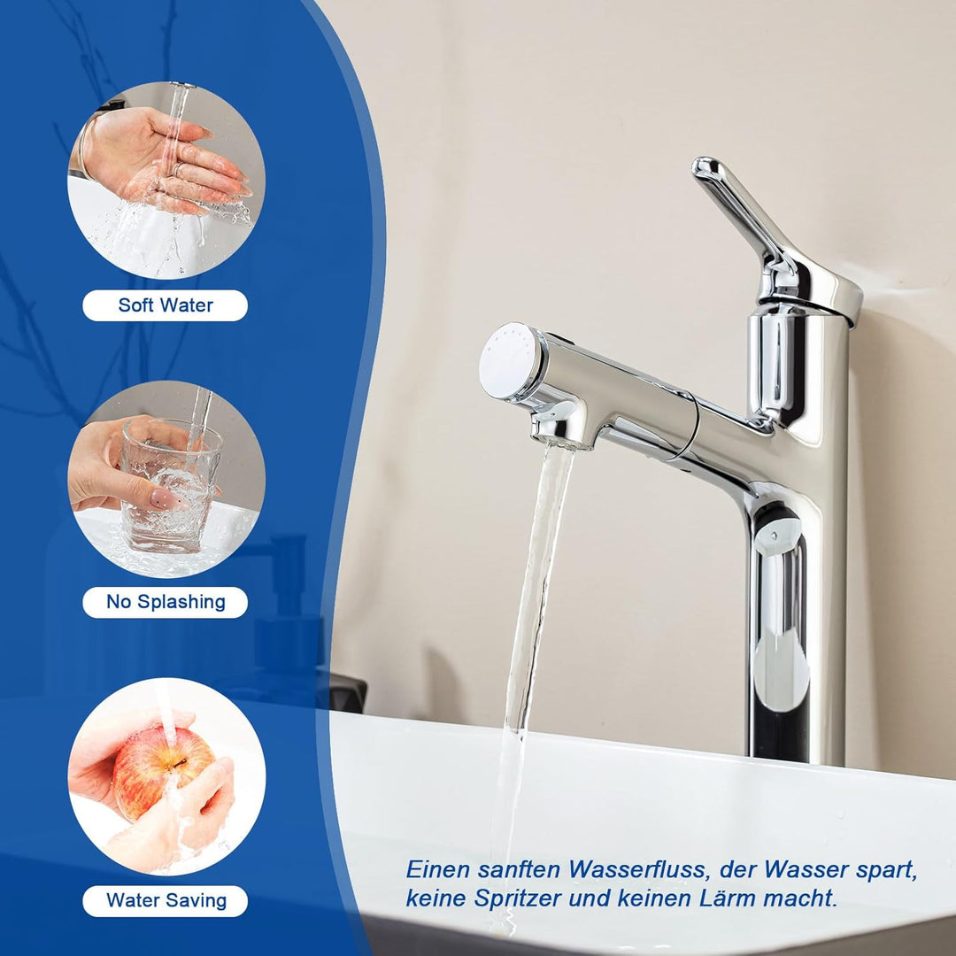 Waschtischarmatur Hoch mit herausziehbarer Brause Wasserhahn Bad,Einhebelmischer Badarmatur Waschtis
