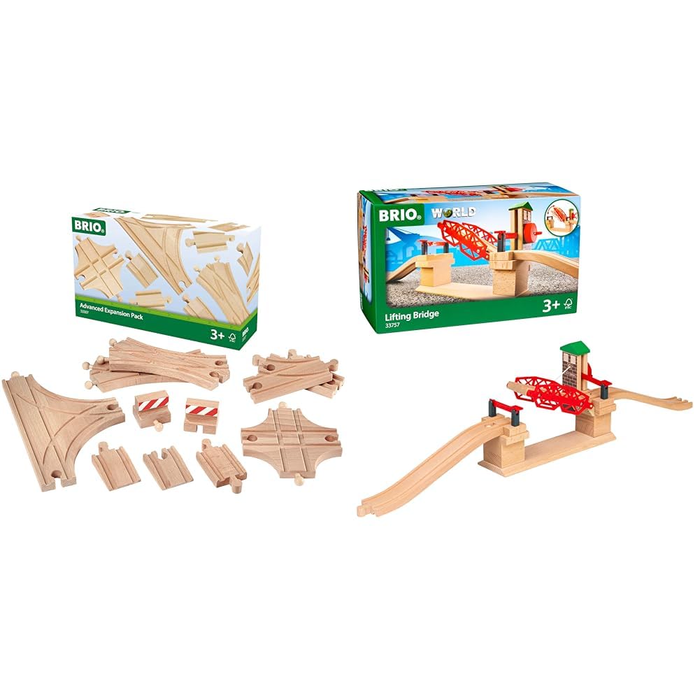 BRIO World 33307 Schienen- und Weichensortiment 11 Weichen aus Buchenholz & World 33757 Hebebrücke E