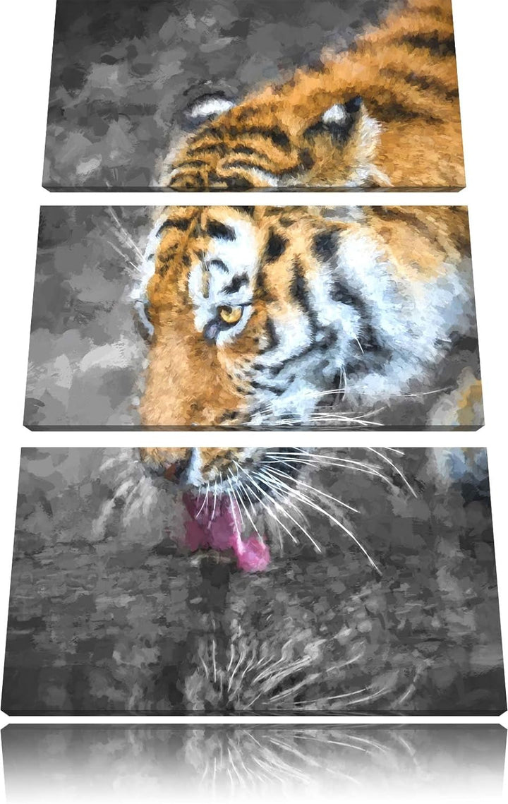 stolzer Tiger am Wasser schwarz/weiss Deluxe 3-Teiler Leinwandbild 120x80 Bild auf Leinwand, XXL rie
