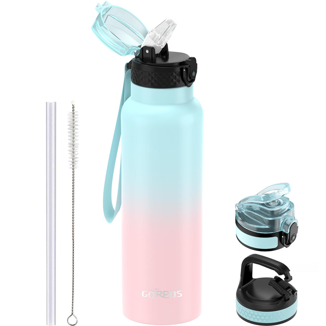 GOPPUS Edelstahl Trinkflasche-750ml mit Strohhalm & 3 Deckel,BPA frei, Kohlensäure Geeignet, Thermos