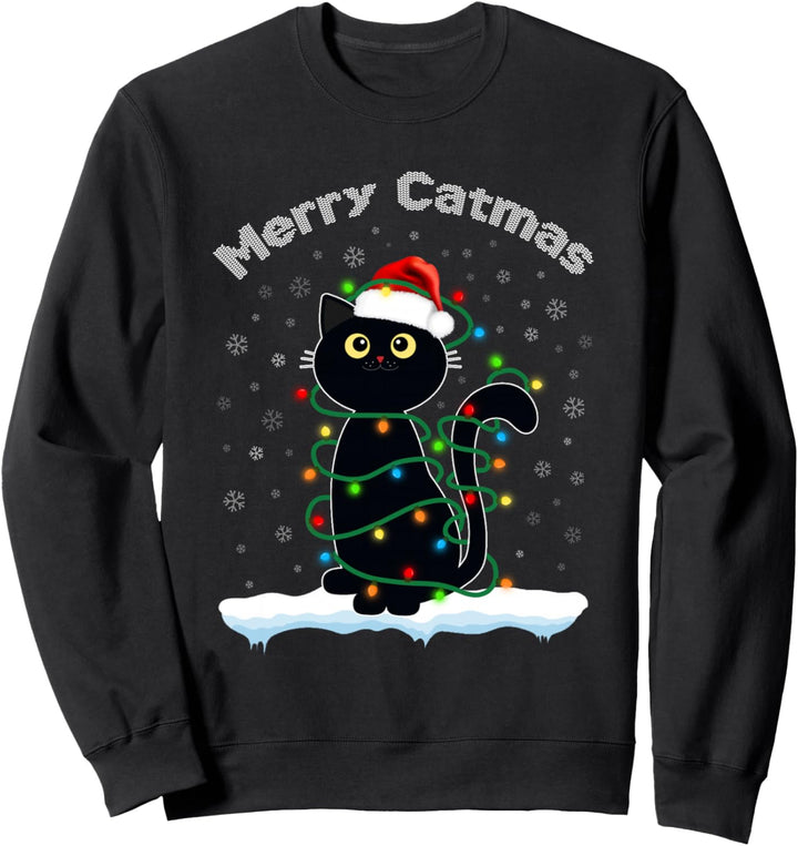 Schwarze Katze Weihnachtslicht Katze Santa Mütze Merry Catmas Pullover Sweatshirt