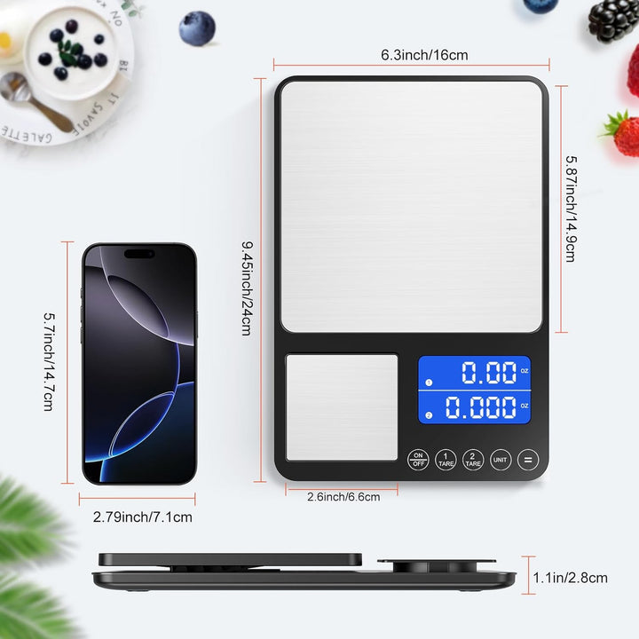 Küchenwaage Digital 15 kg / 0,01 g, Hochpräzise Zweibereichs Waage Küche mit Addierfunktion, Tara-Fu