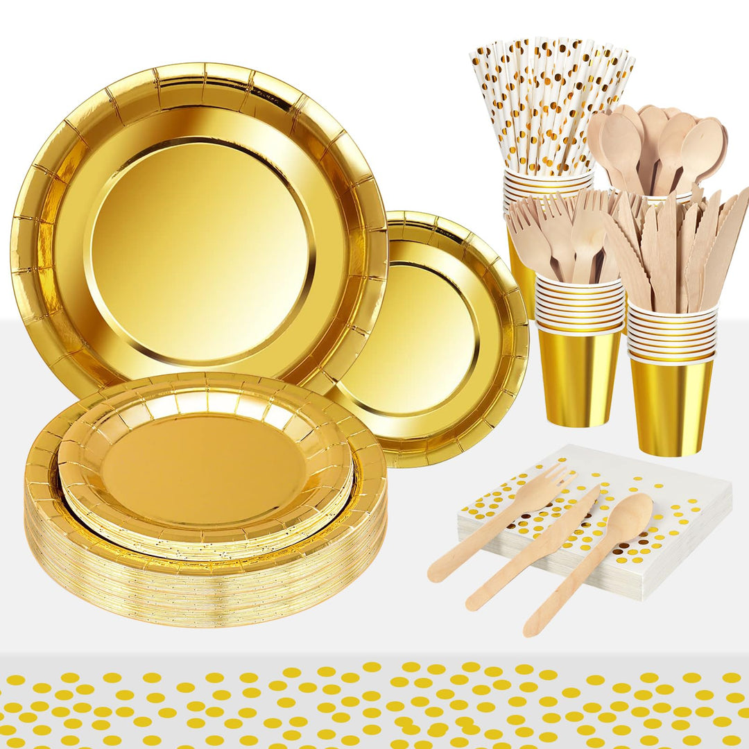 193Stück Gold Partygeschirr,Partyzubehör Pappteller Set, Papier Geschirr Set einschliesslich Einweg