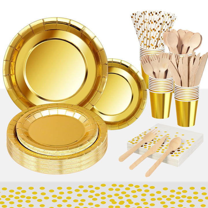 193Stück Gold Partygeschirr,Partyzubehör Pappteller Set, Papier Geschirr Set einschliesslich Einweg