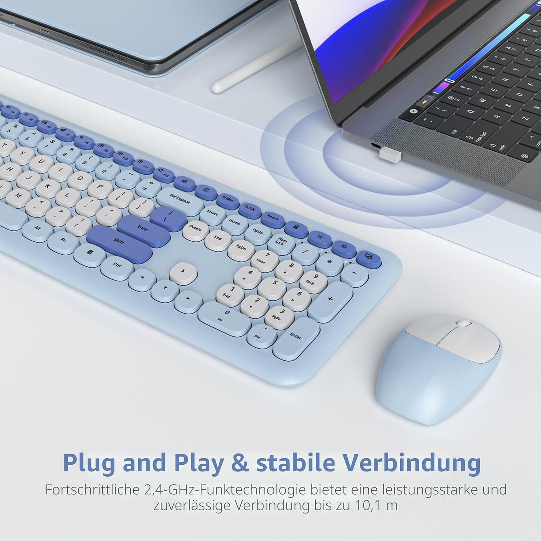 Tastatur und Maus Kabellos, Retro Bunt Tastatur Funktastatur mit Stille Mouse Amerikanisch QWERTY, C