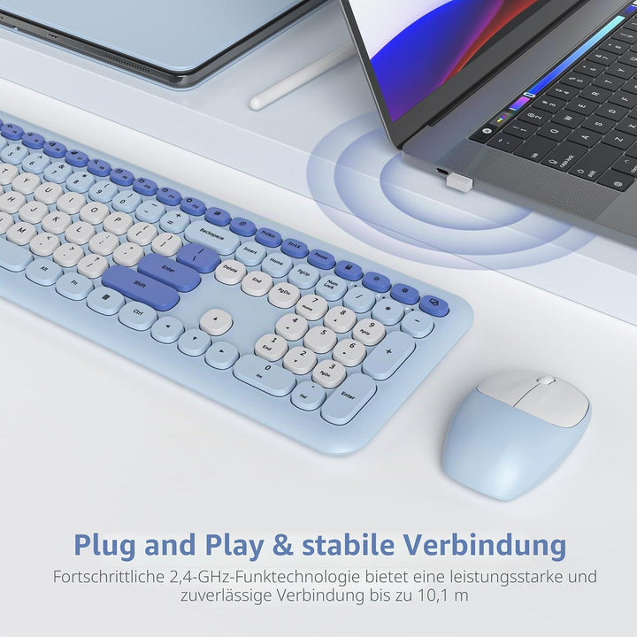 Tastatur und Maus Kabellos, Retro Bunt Tastatur Funktastatur mit Stille Mouse Amerikanisch QWERTY, C