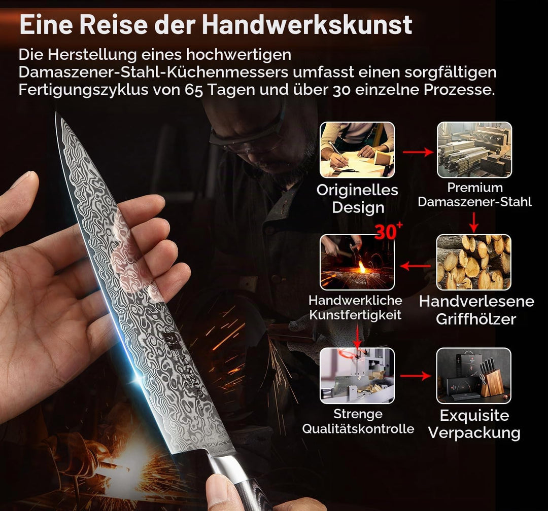 XINZUO Damaststahl Küchenmesser Set 7er -67 Schichten Damaststahl Chefmesser 7 Teilig Messerblock Se