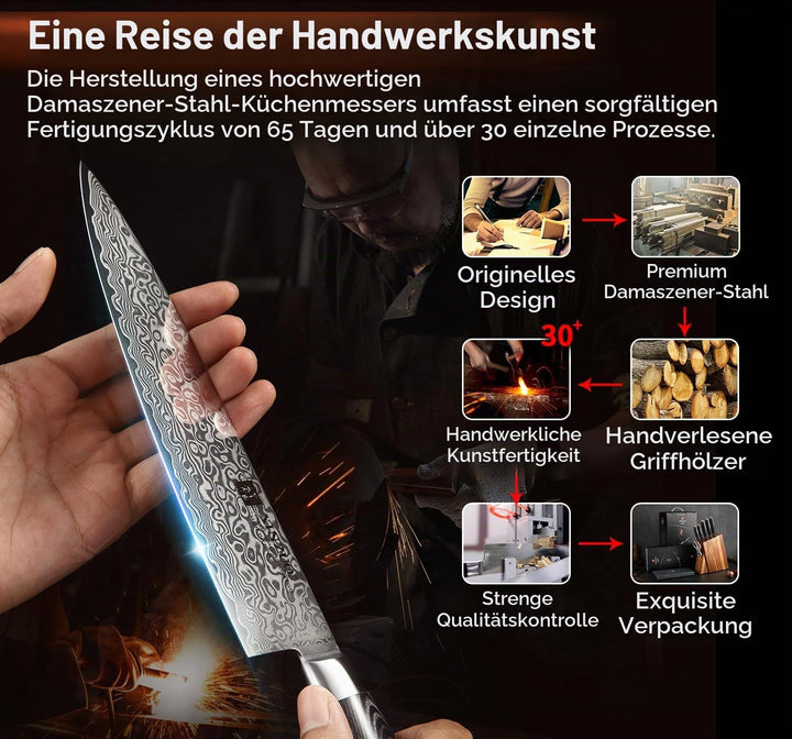 XINZUO Damaststahl Küchenmesser Set 7er -67 Schichten Damaststahl Chefmesser 7 Teilig Messerblock Se