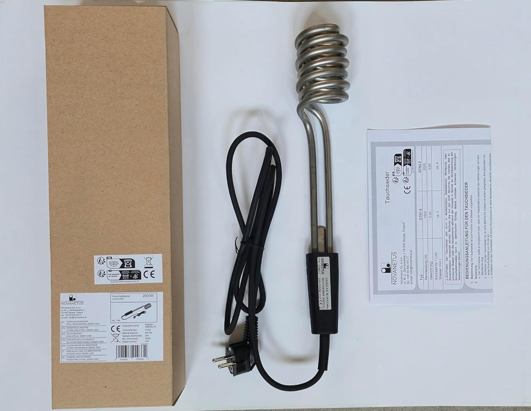 Tauchsieder GTN2.0 Taucherhitzer 2,0 kW 2000 Watt 230V aus EDELSTAHL Wasserkocher, Schwarz ohne Tasc